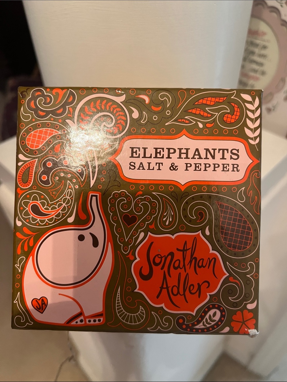 Jonathan Adler Olive and Coral Elephants Salt & Pepper Box
